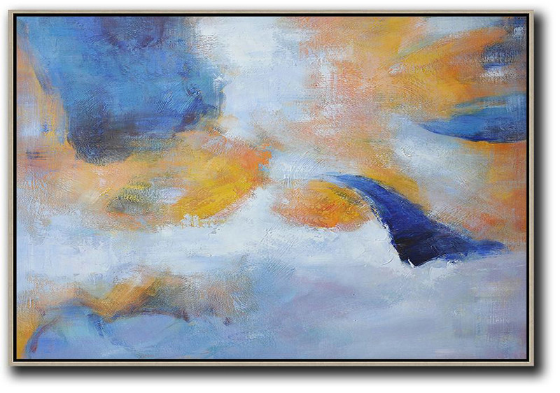 Oversized Horizontal Contemporary Art,Abstract Art Decor,Contemporary Painting,Blue,Yellow,White,Grey